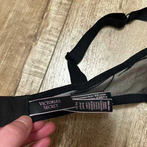 Victoria’s Secret Lace Push-Up Bra 36B Black Rhinestone Logo Strap - Picture 3 of 5
